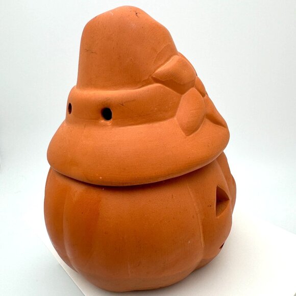 Vintage Jack-O-Lantern Red Clay Terra Cotta 5"  Halloween Pumpkin Candle Holder - Picture 5 of 9